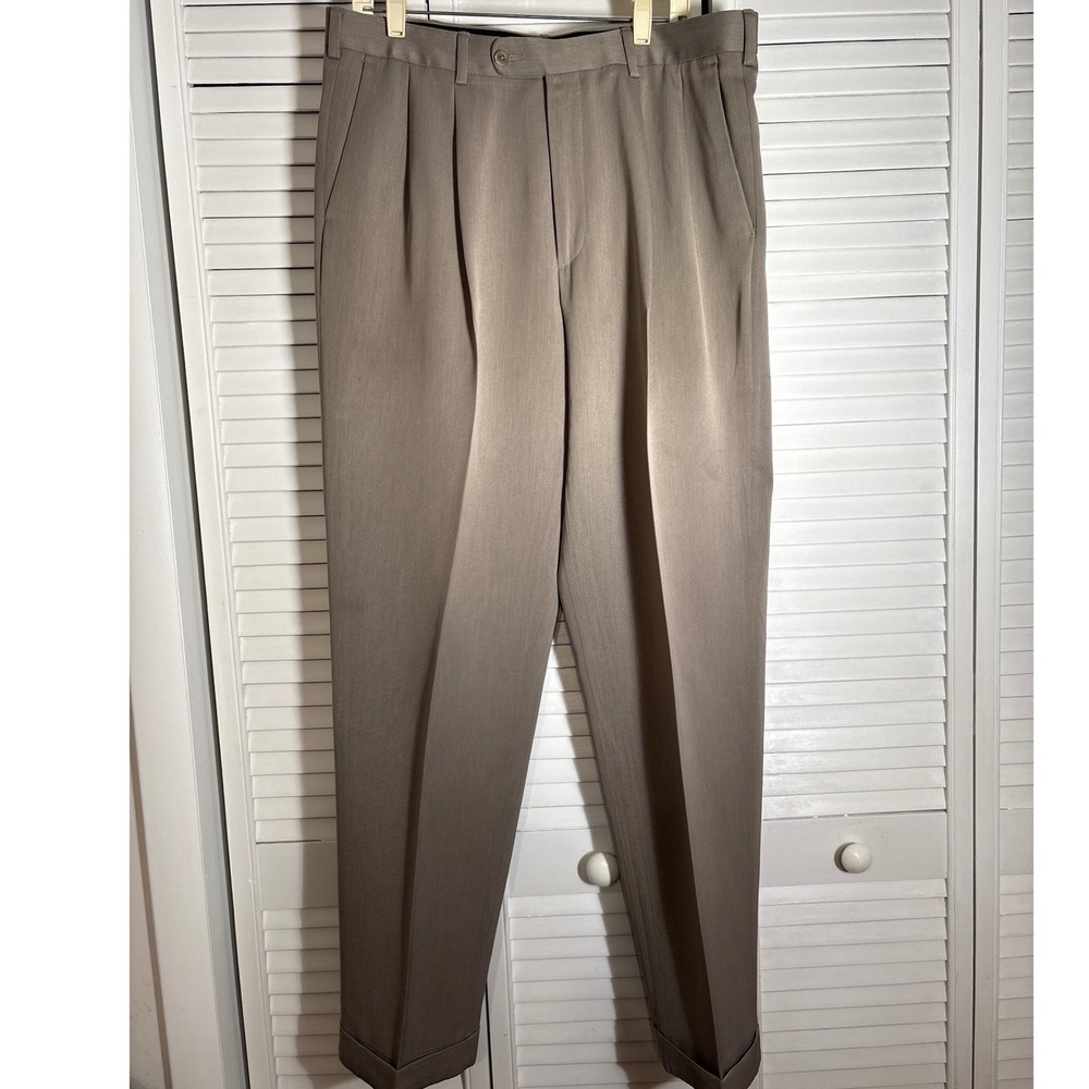 Perry Ellis Portfolio Mens 36x34 Taupe Brown Pleated Cuffed Dress Pants Trousers